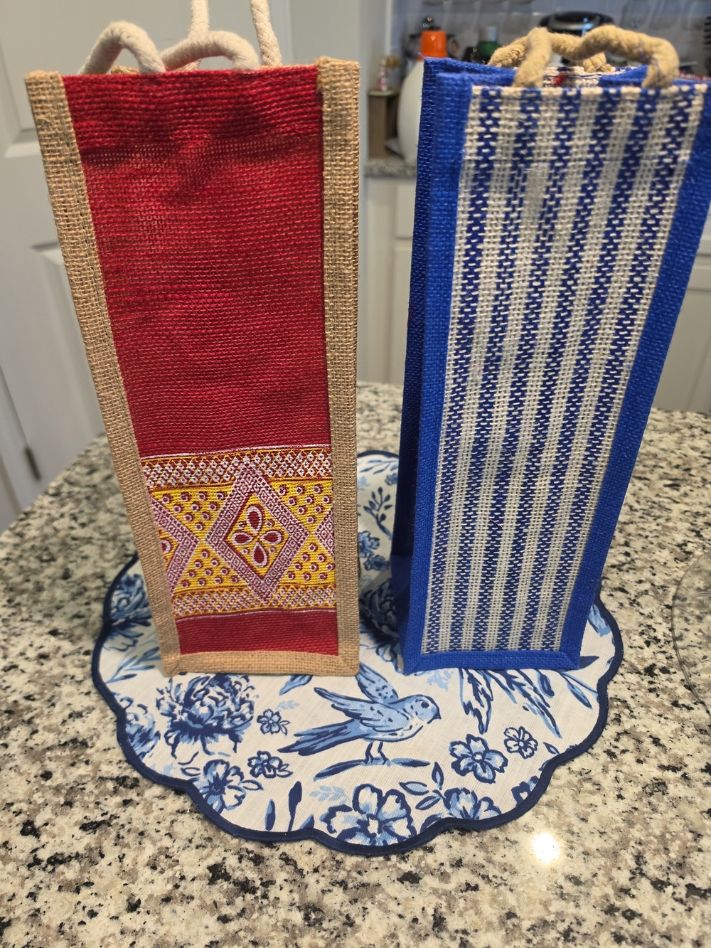 Handcrafted Red and Blue Jute Wine Bags - Stylish Home Accents